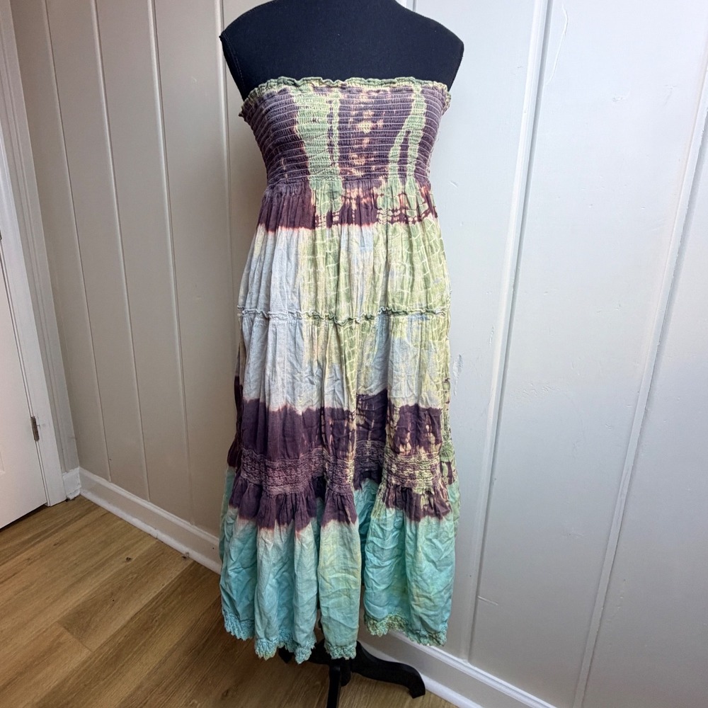 Bila 2-in-1 Tie Dye Smocked Midi Dress Maxi Skirt Cotton Boho Tiered Green M